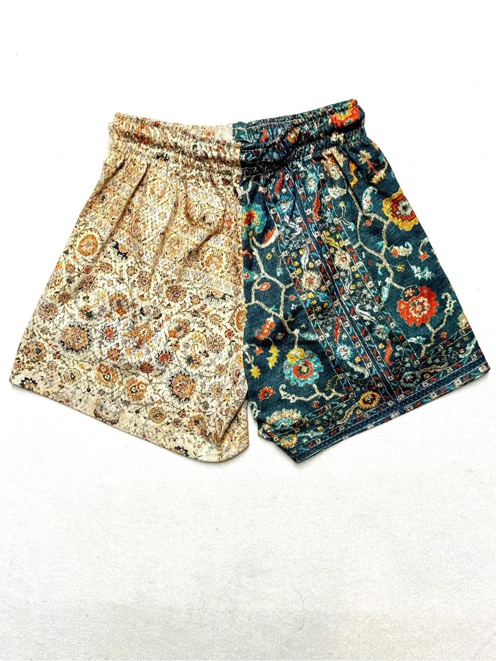Paisley Split-Panel Athletic Shorts - Teal & Cream